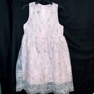 girls pink dress with flower detail silver lace overlay
